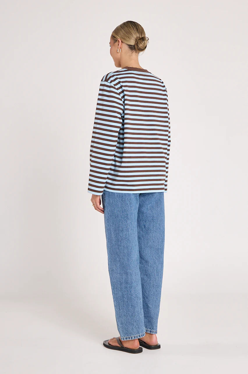 Carter Long Sleeve Tee in Chocolate Blue Stripe - Pre Order