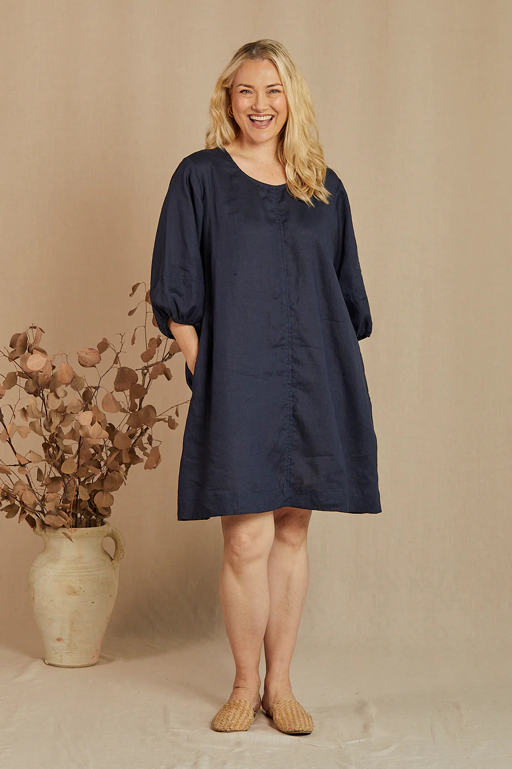 Hazel Short Shift Linen Dress - Navy