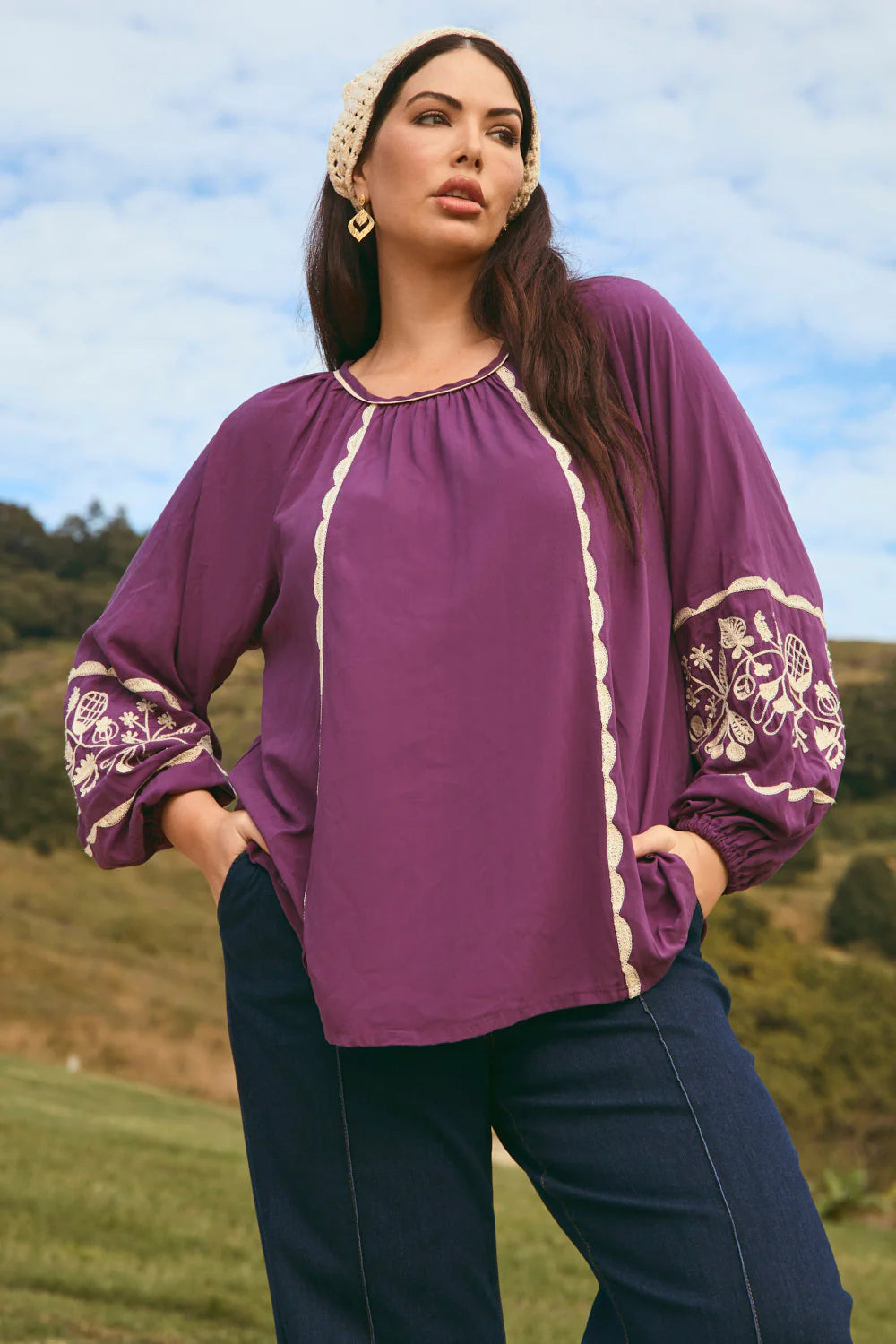 Emila Embroidered Blouse in Moonlit Charm - Plum