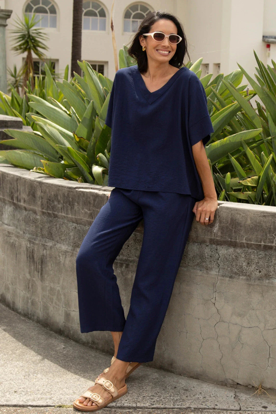 Gemma Straight Leg Tie Waist Pants Navy