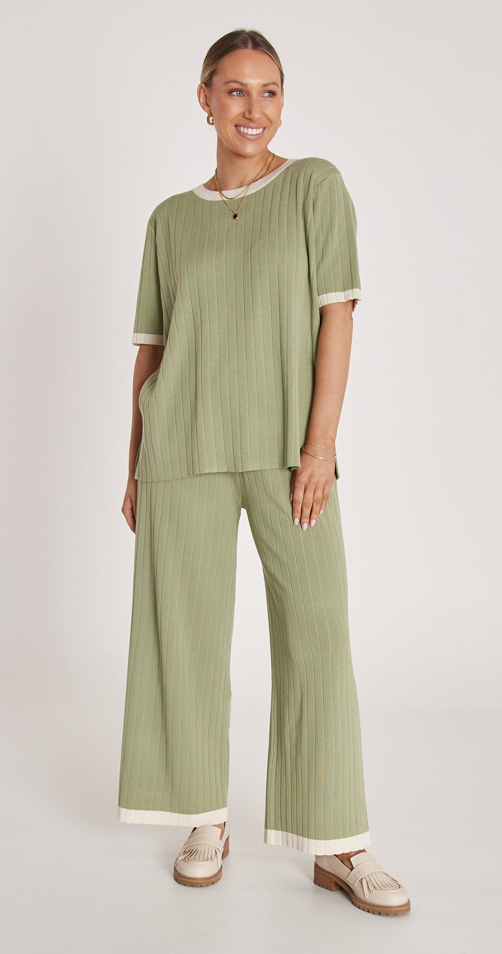 Eden Knitted Pant - Sage & Cream