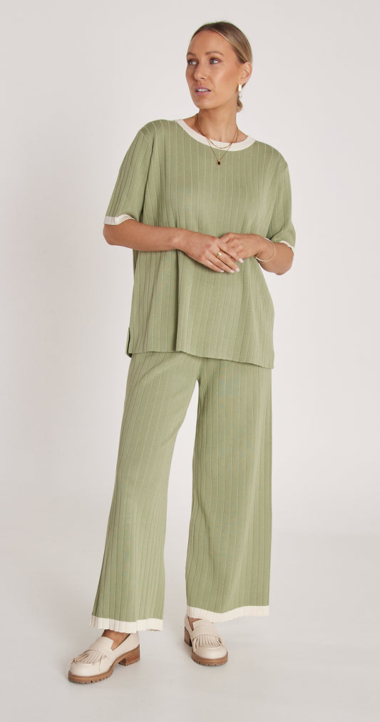 Eden Knitted Pant - Sage & Cream