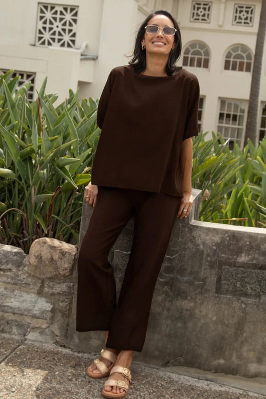 Gemma Straight Leg Tie Waist Pants Chocolate