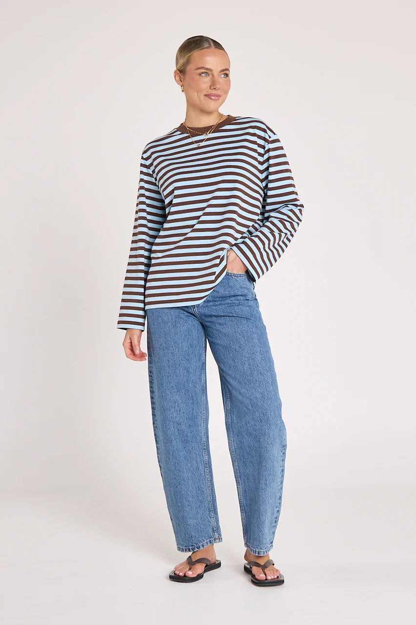 Carter Long Sleeve Tee in Chocolate Blue Stripe - Pre Order