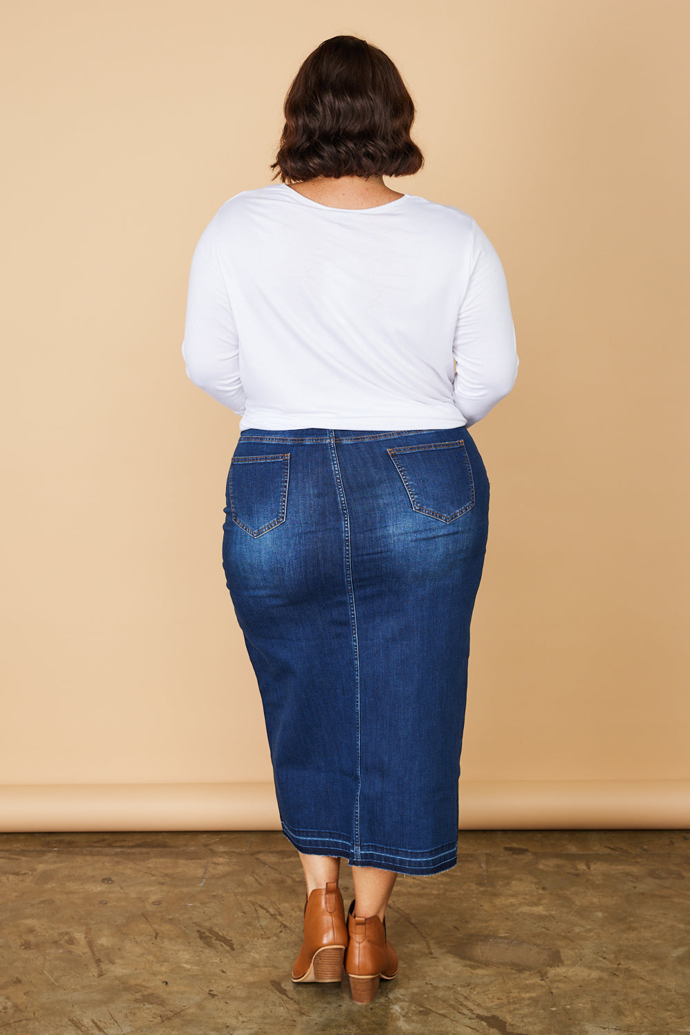 Denim Long Split Skirt in Mid Wash