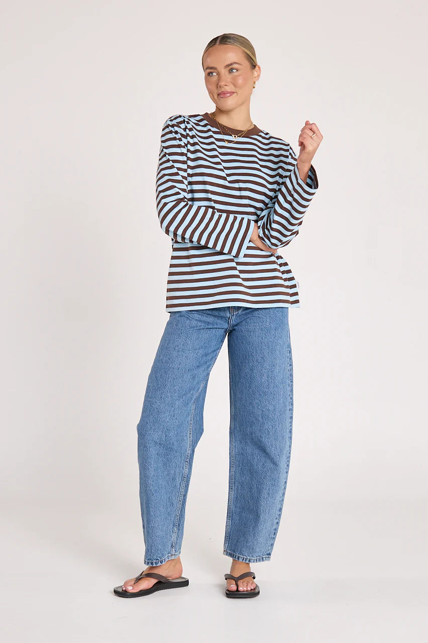 Carter Long Sleeve Tee in Chocolate Blue Stripe - Pre Order
