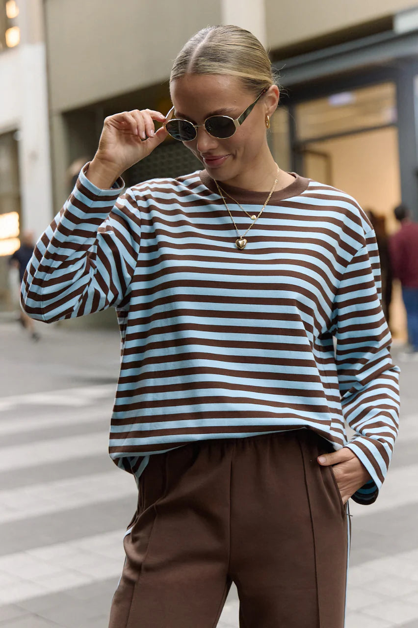 Carter Long Sleeve Tee in Chocolate Blue Stripe - Pre Order
