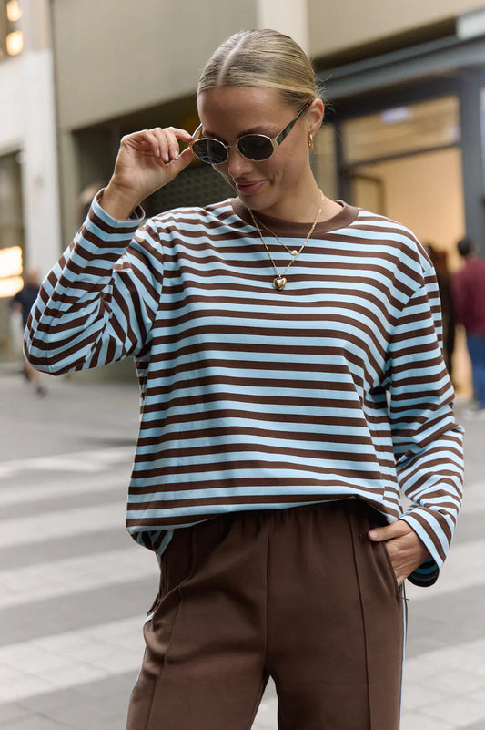 Carter Long Sleeve Tee in Chocolate Blue Stripe - Pre Order
