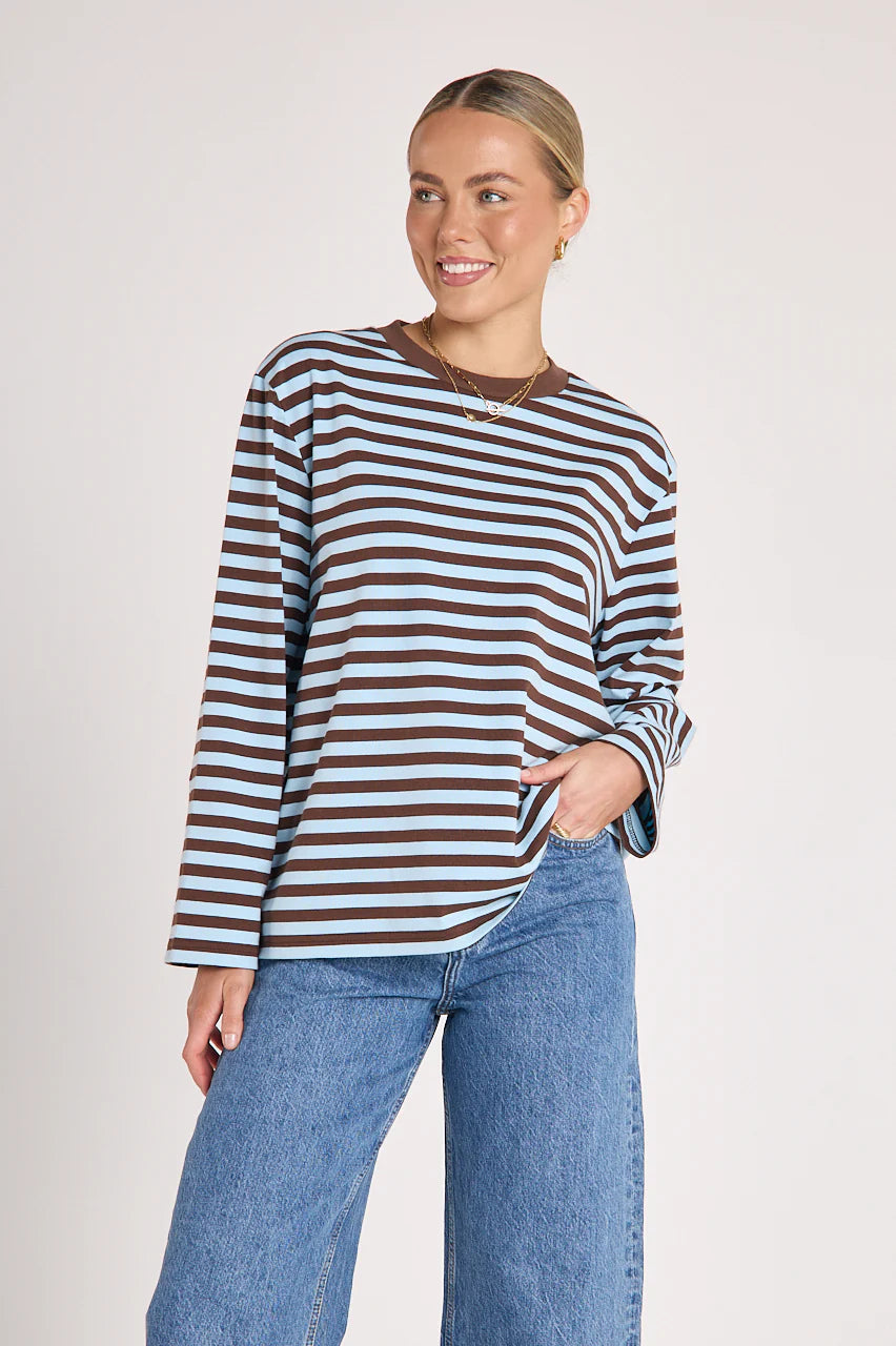 Carter Long Sleeve Tee in Chocolate Blue Stripe - Pre Order