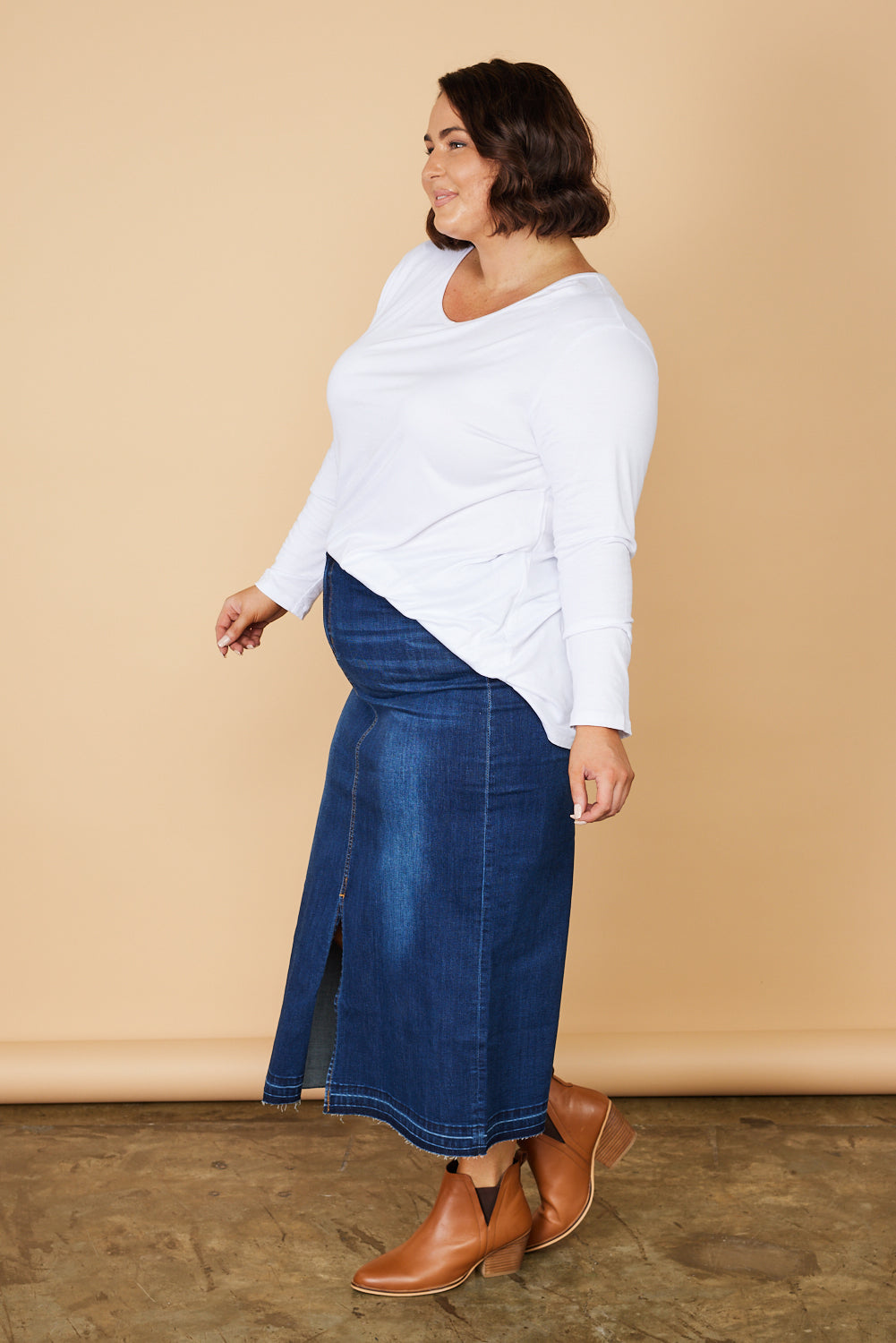 Denim Long Split Skirt in Mid Wash