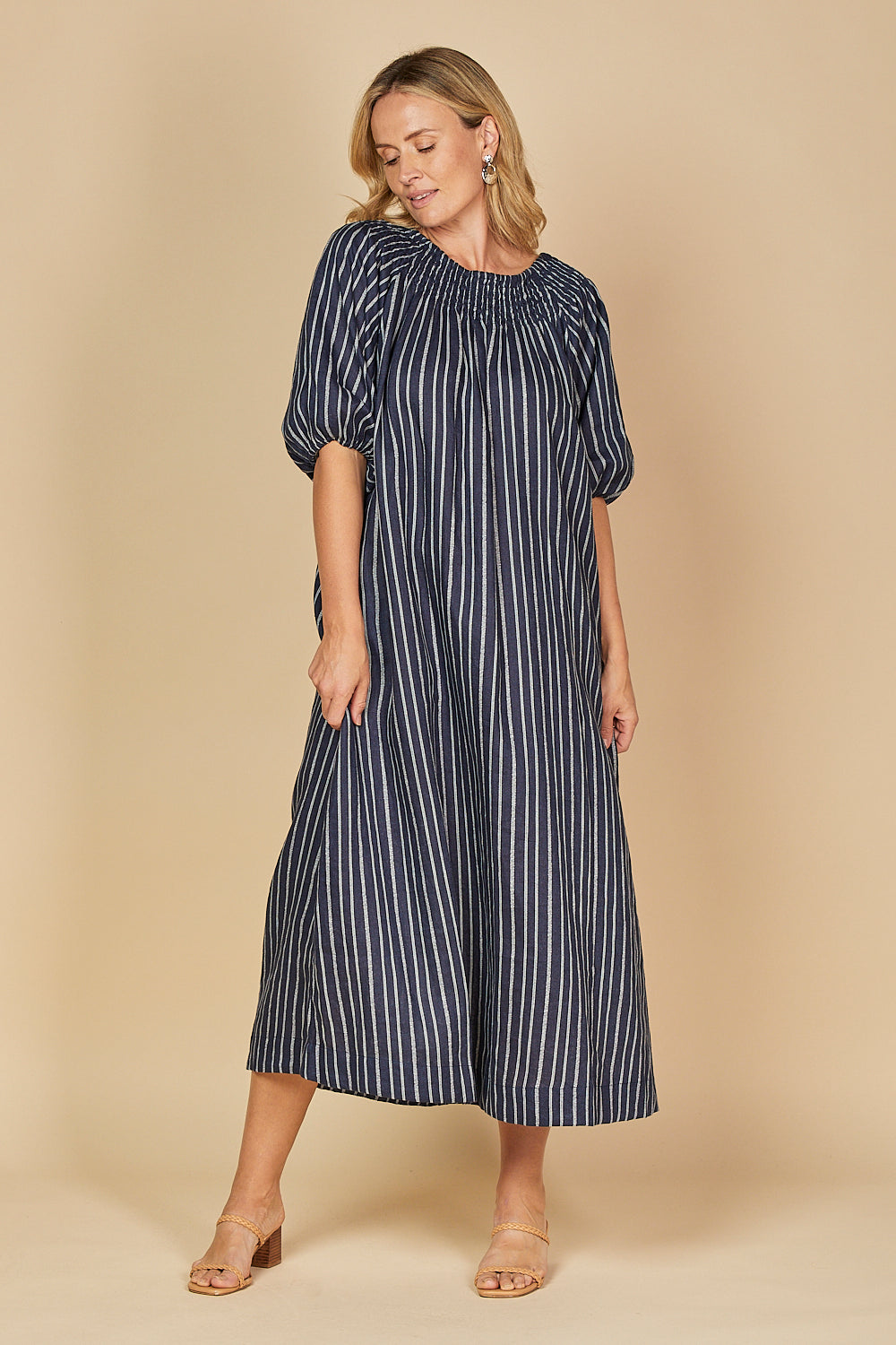 Alisa Off The Shoulder Linen Dress in Boathouse Navy