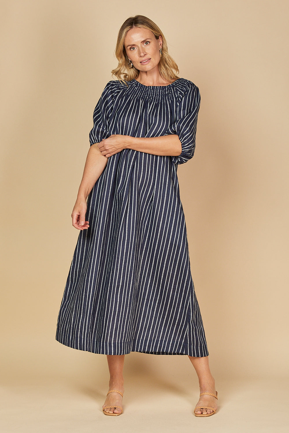 Alisa Off The Shoulder Linen Dress in Boathouse Navy