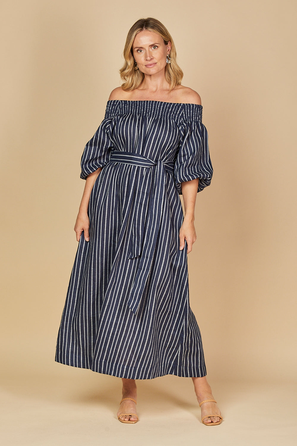 Alisa Off The Shoulder Linen Dress in Boathouse Navy