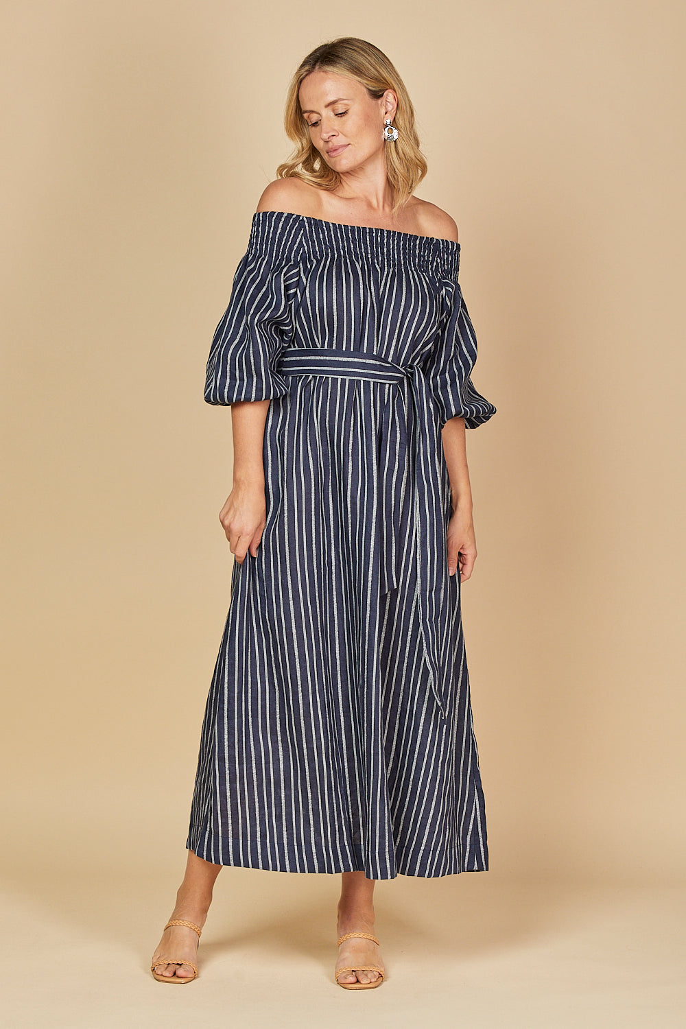 Alisa Off The Shoulder Linen Dress in Boathouse Navy