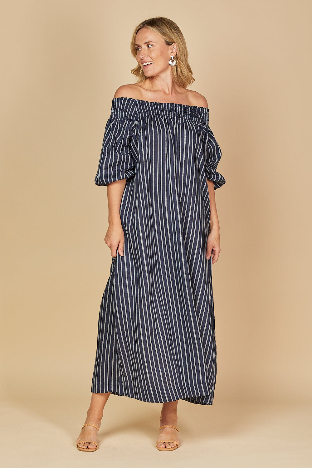 Alisa Off The Shoulder Linen Dress in Boathouse Navy