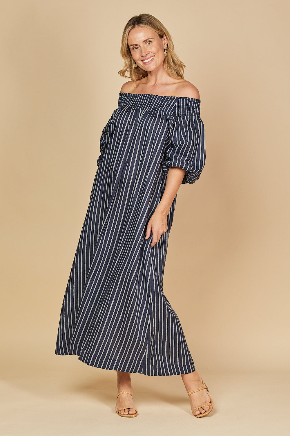 Alisa Off The Shoulder Linen Dress in Boathouse Navy