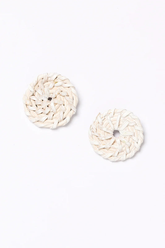 Rattan Button Earrings in White