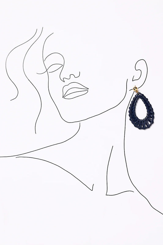 Oval Raffia Earrings in Navy