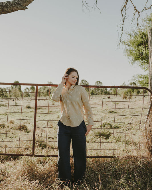 *Pre Order Desert Sand Lady Jane Embroidered Organic Linen Long Sleeve Shirt