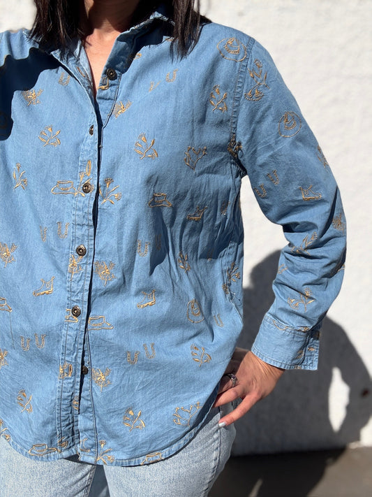 *Pre Order Sky Blue Denim Lady Jane Embroidered Long Sleeve Shirt