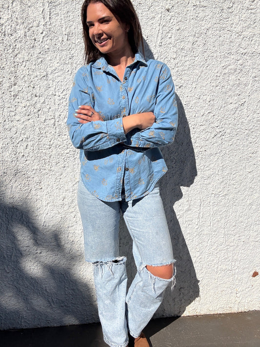 *Pre Order Sky Blue Denim Lady Jane Embroidered Long Sleeve Shirt