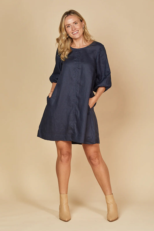 Hazel Short Shift Linen Dress - Navy