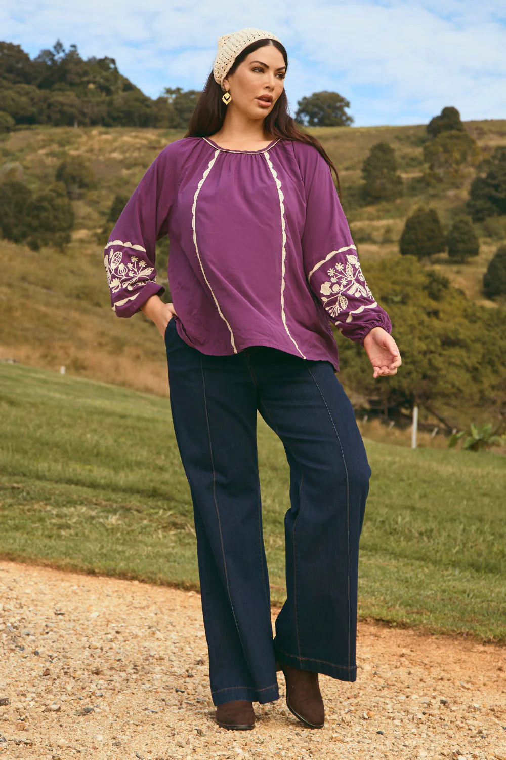 Emila Embroidered Blouse in Moonlit Charm - Plum
