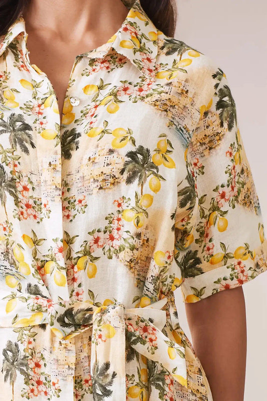 Positano Floral Mid Sleeve Collared Linen Midi Dress