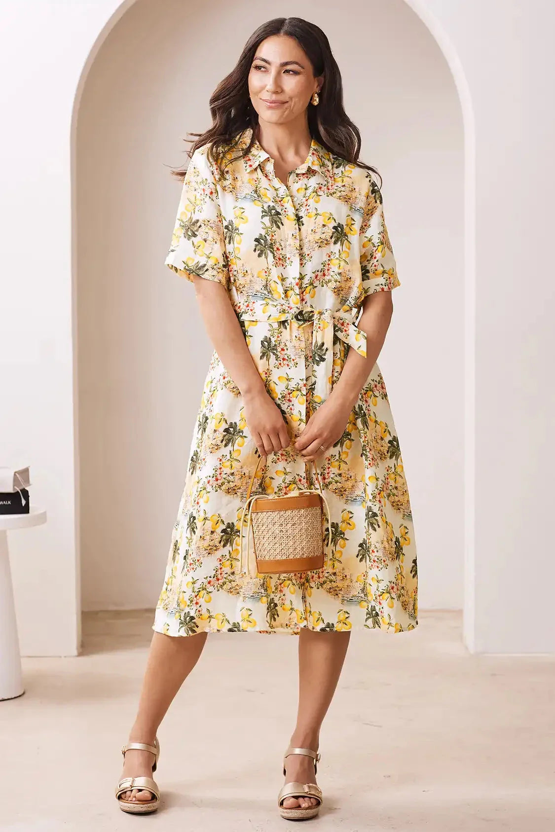 Positano Floral Mid Sleeve Collared Linen Midi Dress
