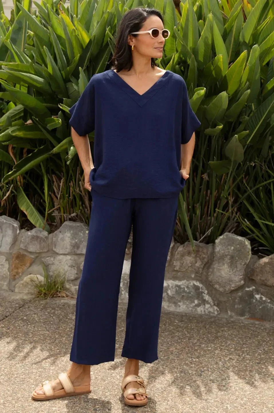 Gemma Straight Leg Tie Waist Pants Navy