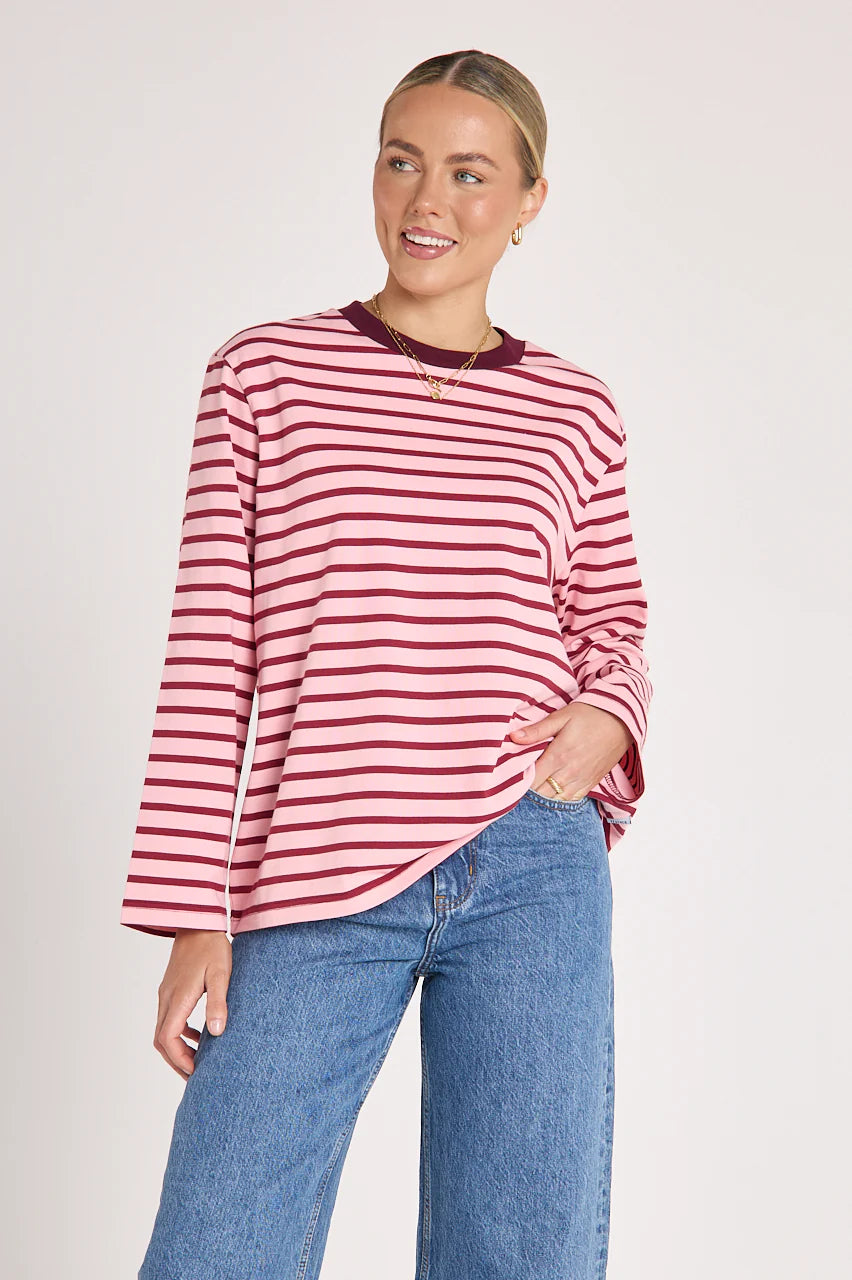 Carter Long Sleeve Tee in Burgundy Pink Stripe - ETA 5/8