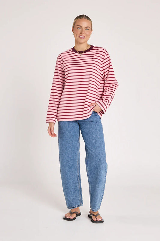 Carter Long Sleeve Tee in Burgundy Pink Stripe