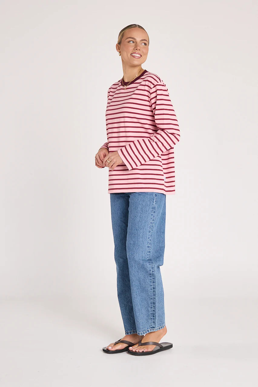 Carter Long Sleeve Tee in Burgundy Pink Stripe - ETA 5/8