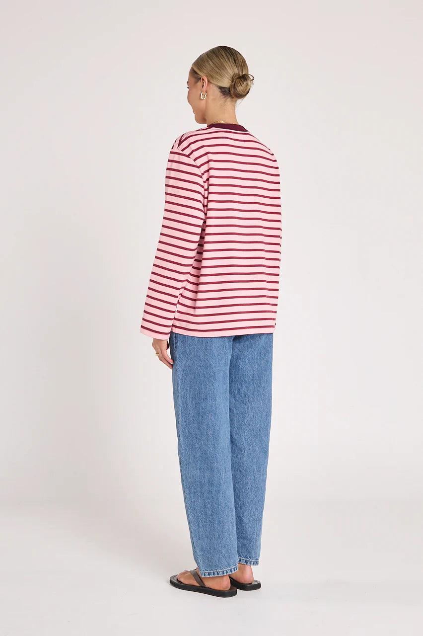 Carter Long Sleeve Tee in Burgundy Pink Stripe - ETA 5/8