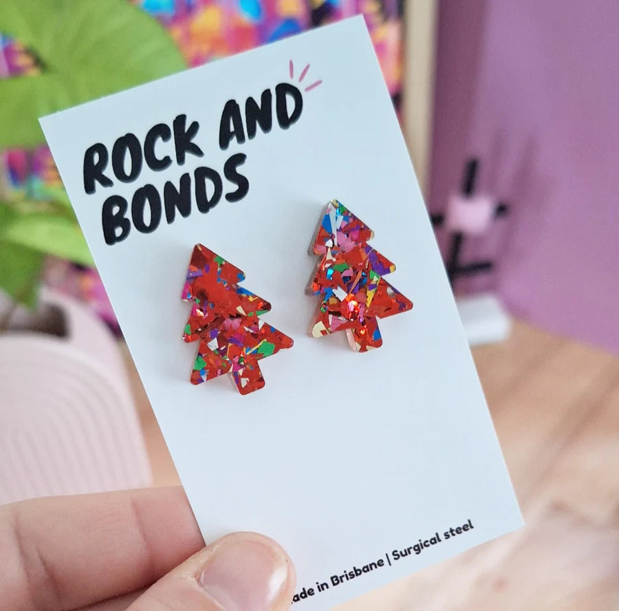 Festive Tree Studs - Red & Multi Colour Glitter 2.5cm