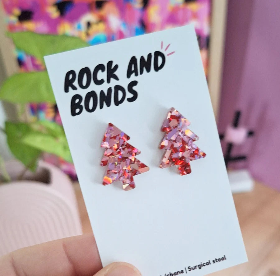 Festive Tree Studs - Red & Pink Glitter 2.5cm