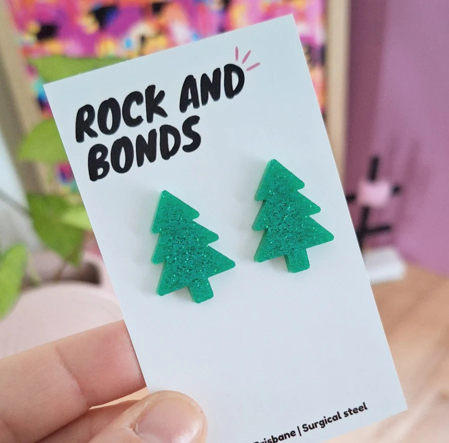 Festive Tree Studs - Green Glitter 2.5cm