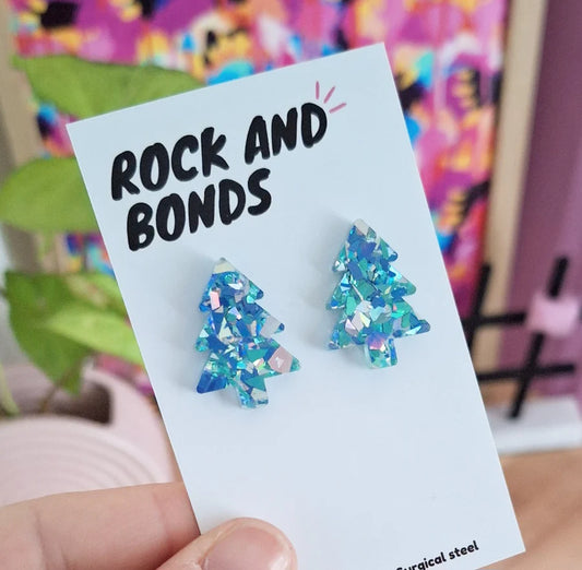 Festive Tree Studs - Ice Blue Glitter 2.5cm