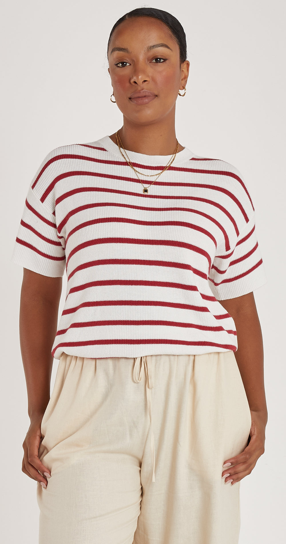 Jasper Knitted Tee - White Red Stripe