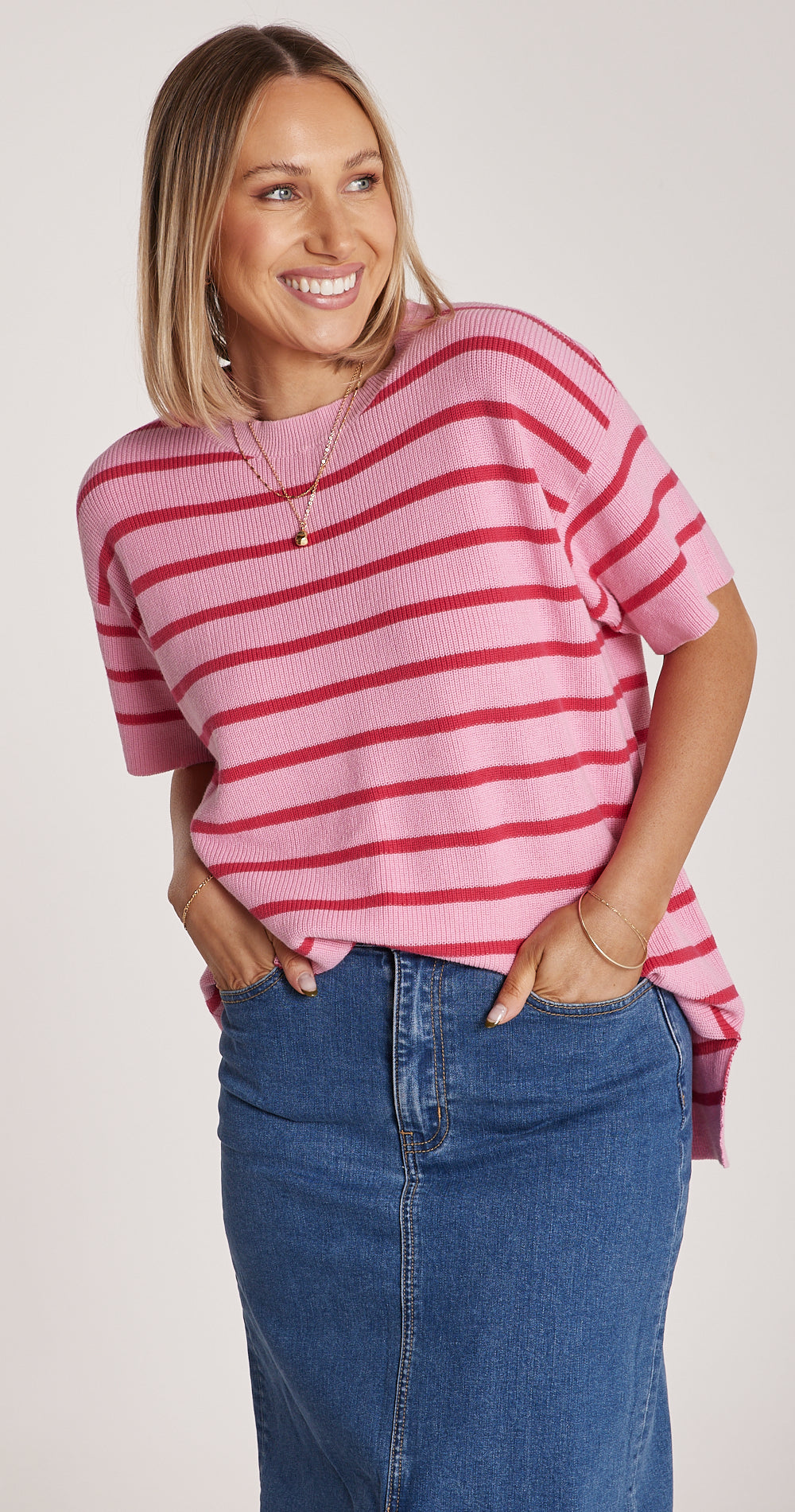 Jasper Knitted Tee - Pink Red Stripe