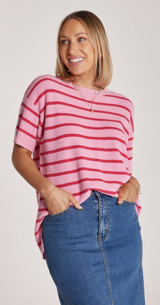 Jasper Knitted Tee - Pink Red Stripe