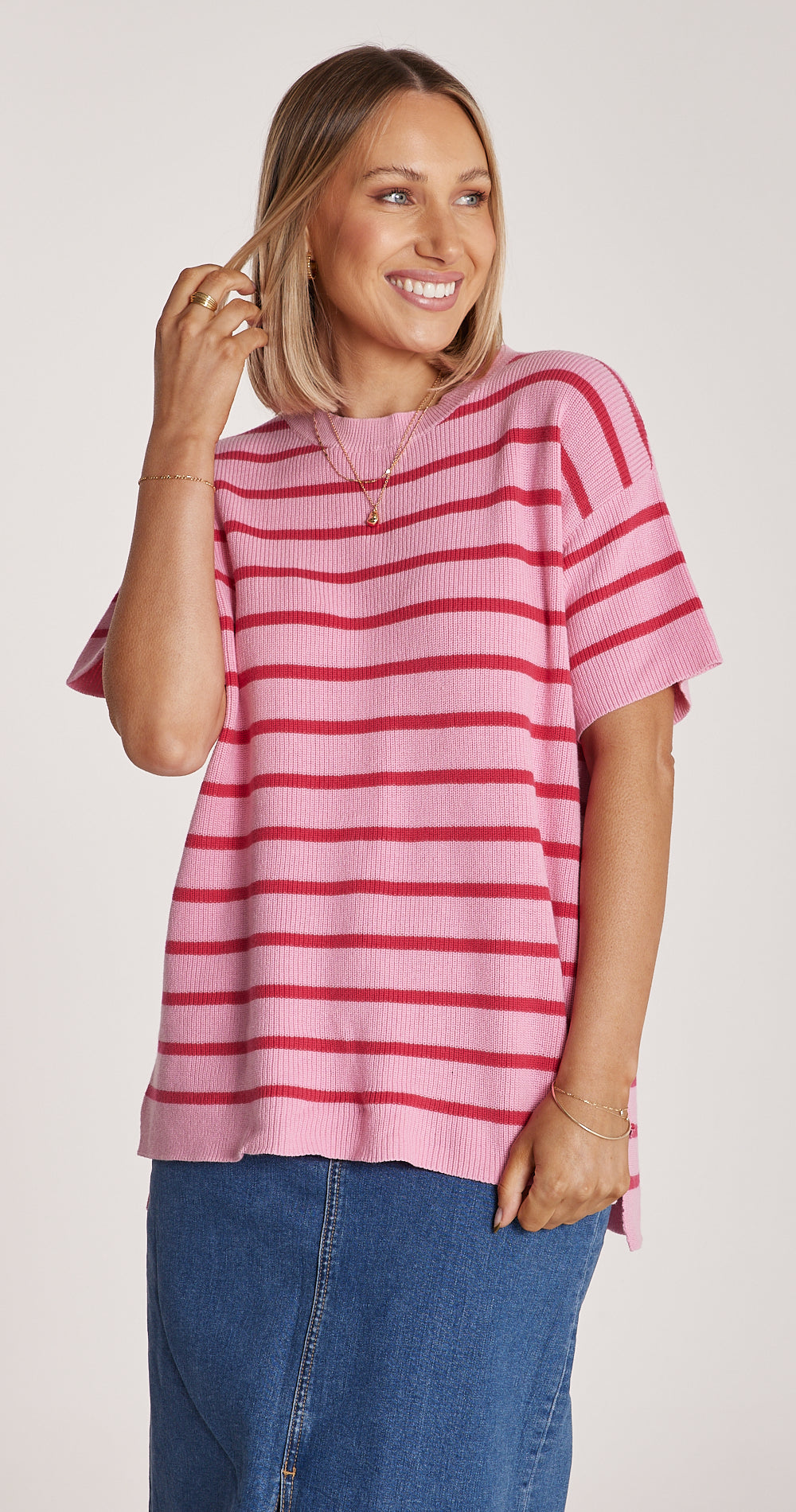 Jasper Knitted Tee - Pink Red Stripe