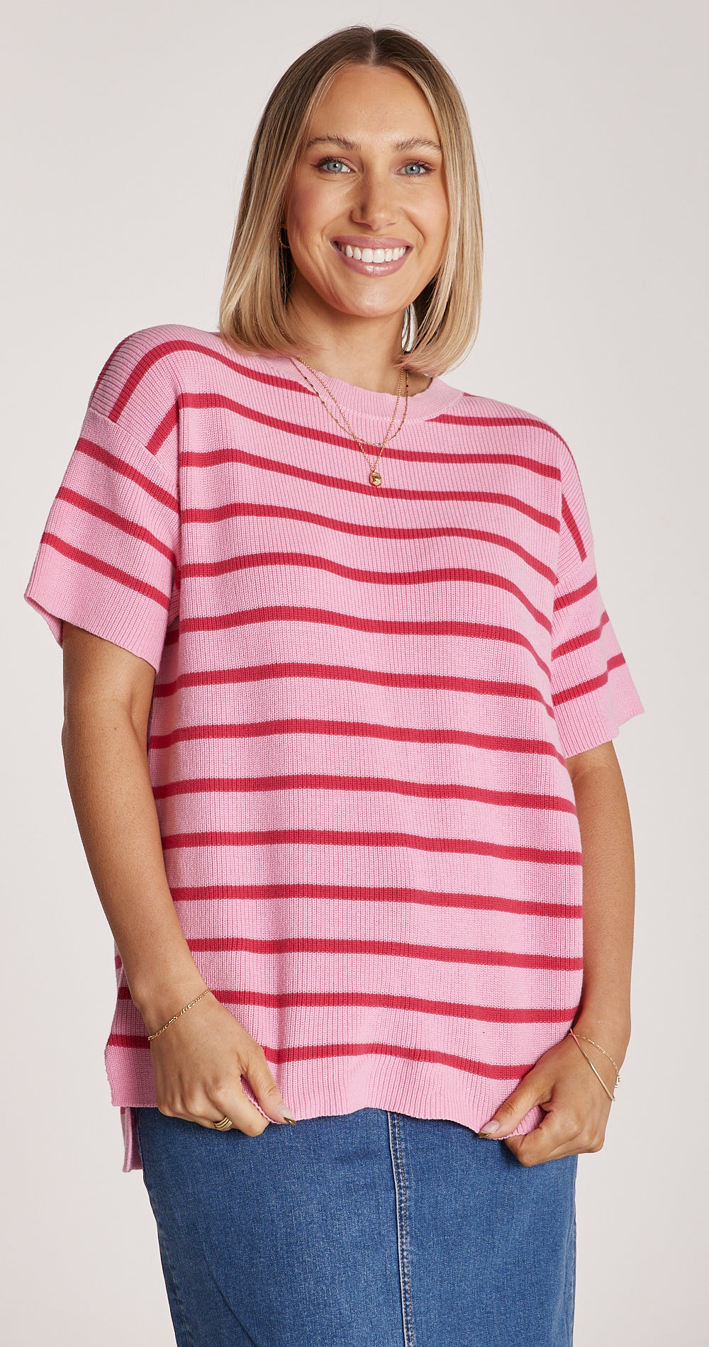 Jasper Knitted Tee - Pink Red Stripe