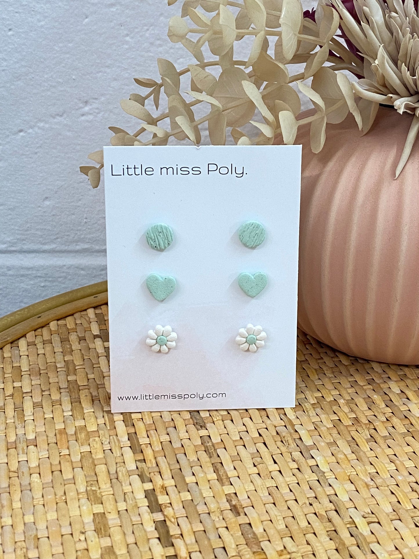 Mini Heart & Daisy Triple Stud Pack - Mint Green