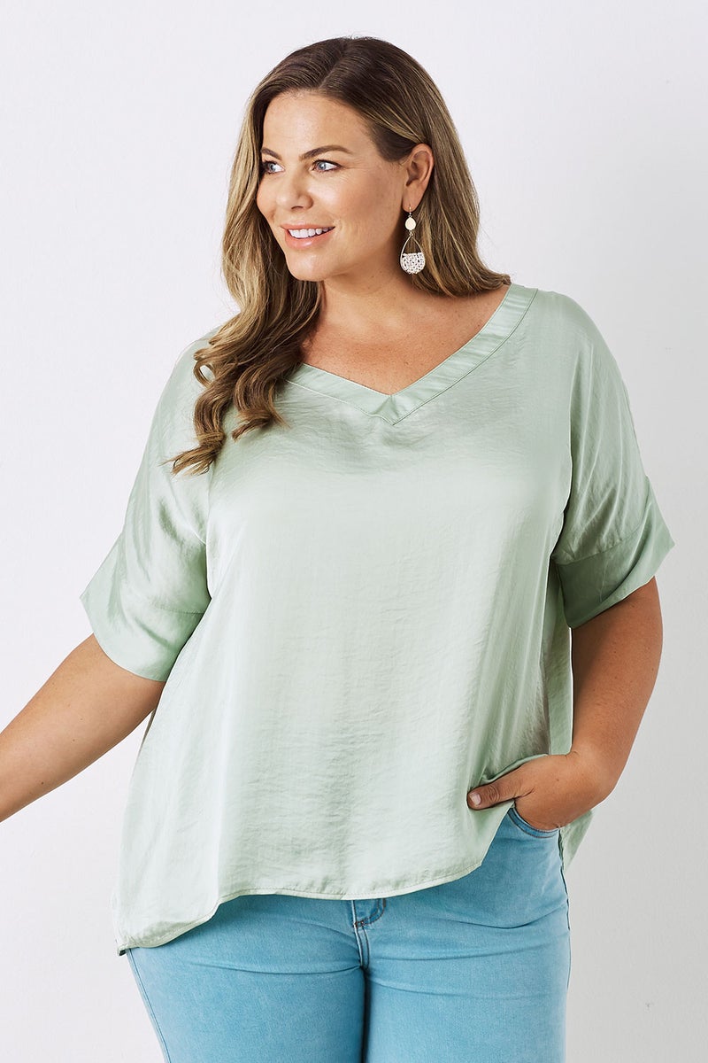 Bianca Short Sleeve Top with V Neck - Aloe