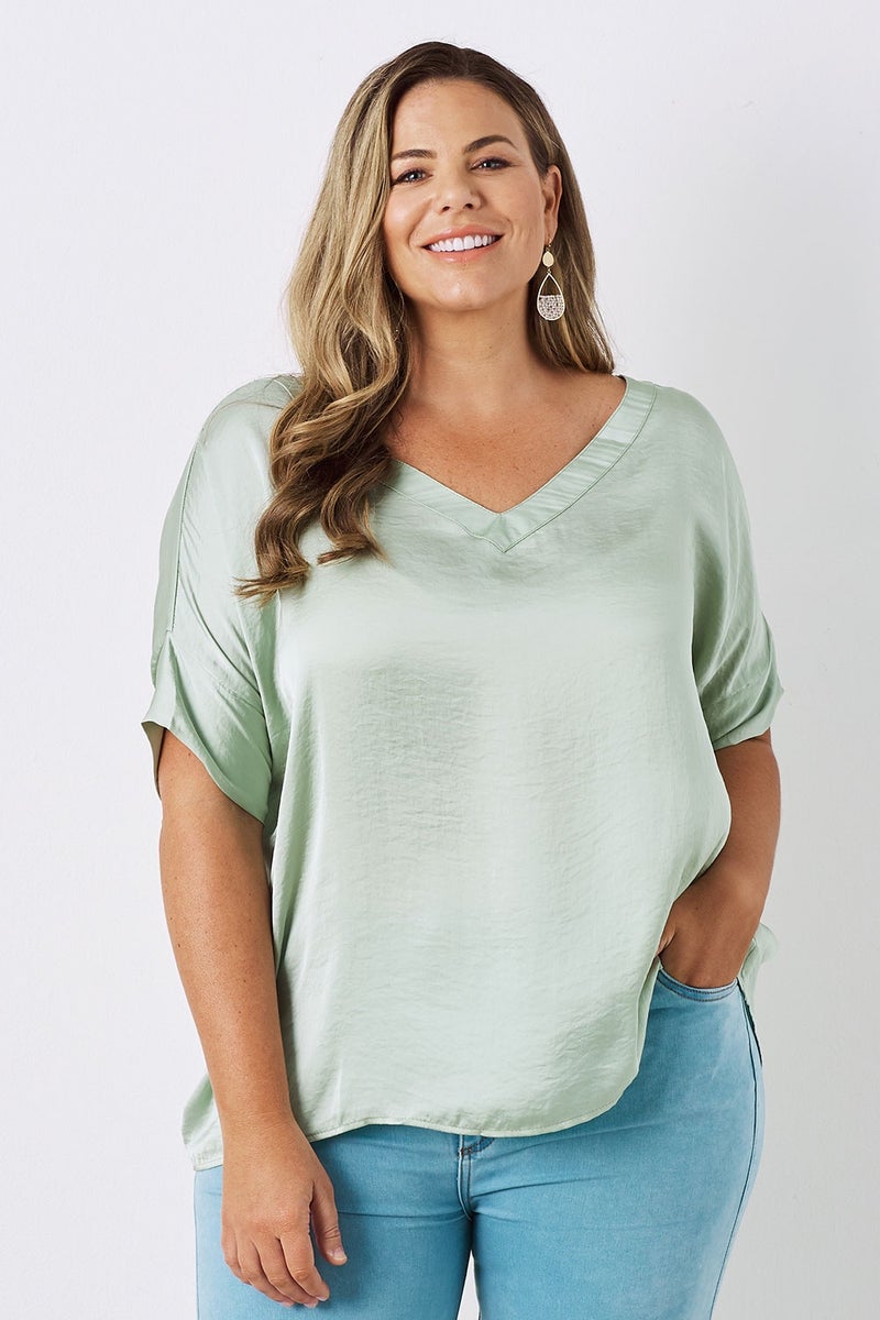 Bianca Short Sleeve Top with V Neck - Aloe