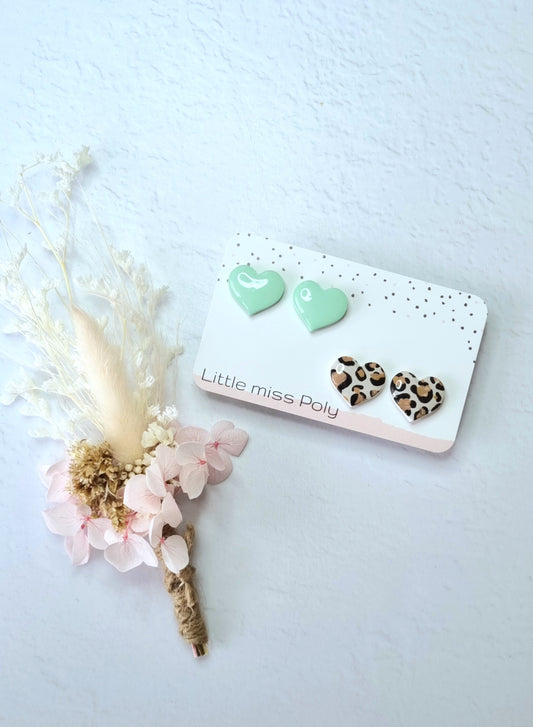 Resin Heart Stud Pack - Mint Green & Leopard